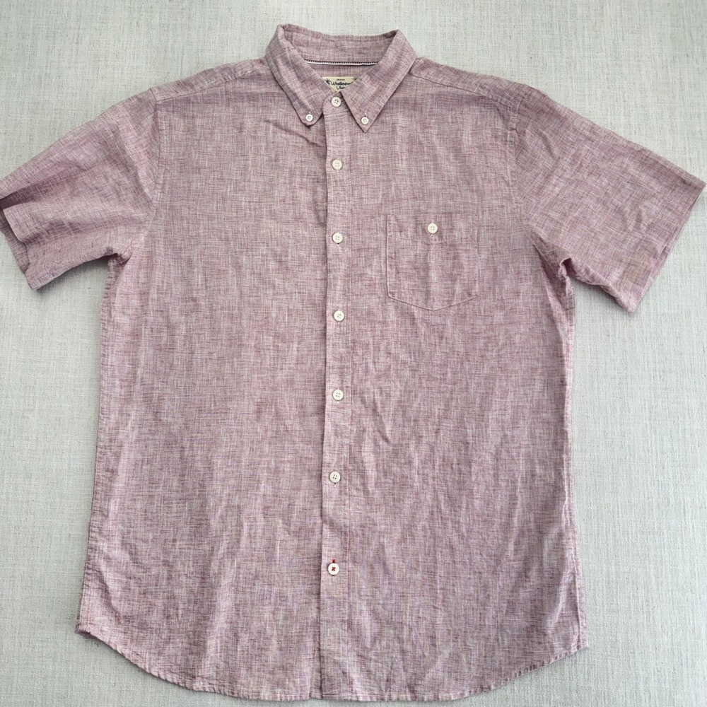 Weatherproof Vintage Mens Red Washable Linen Short Sleeve Button Up Shirt Large
